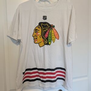 NHL White Tee with Multicolor Blackhawks Head Logo and Red & Black Stripe